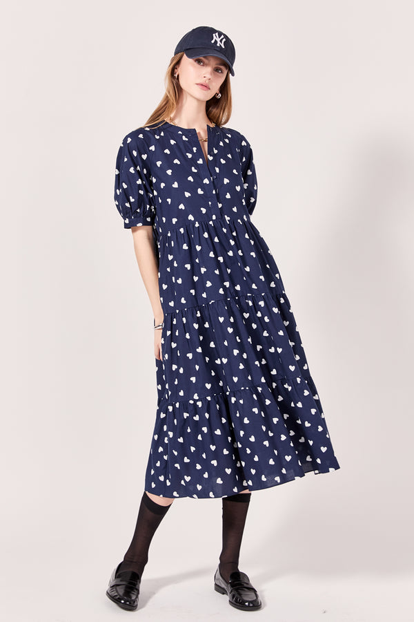 english factory Lovelyn Heart Printed Midi Dress NAVY/WHITE