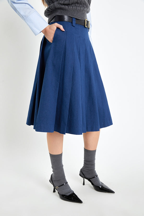 English Factory Low Waist Pleated Midi Skirt BLUE DENIM