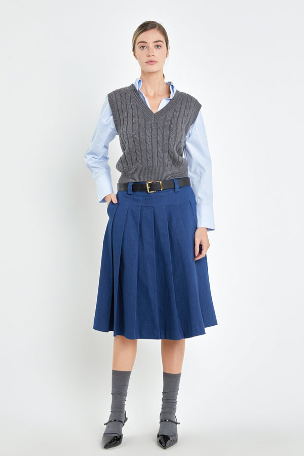 english factory Low Waist Pleated Midi Skirt BLUE DENIM