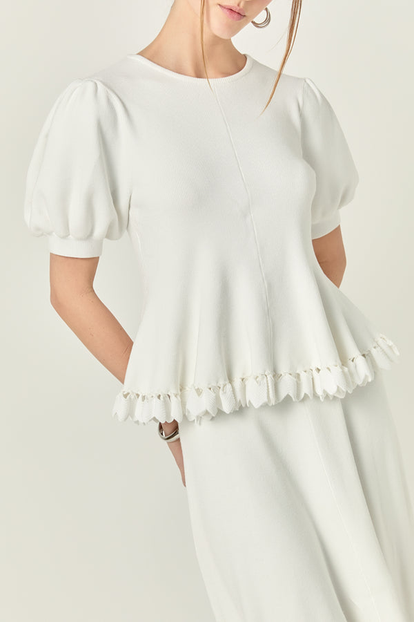 English Factory Lucia Puff Sleeve Peplum Knit Top CREAM