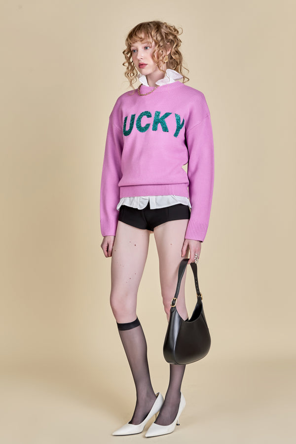 English Factory Lucky Glitter Lettering Sweater PINK