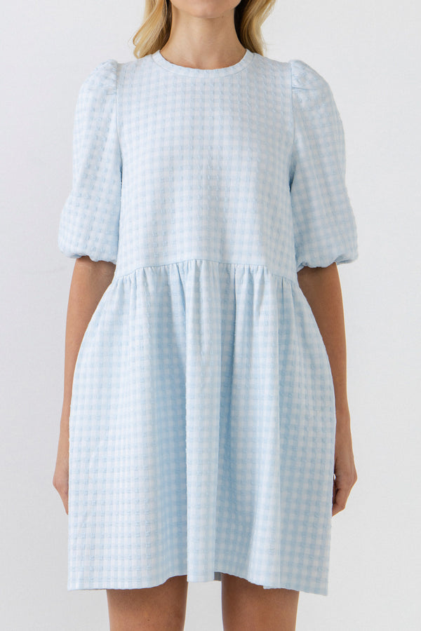 English Factory Mini Gingham Scrunched Dress POWDER BLUE