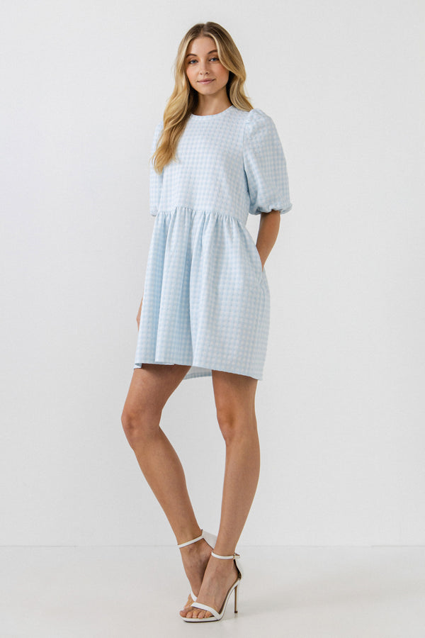 English Factory Mini Gingham Scrunched Dress POWDER BLUE