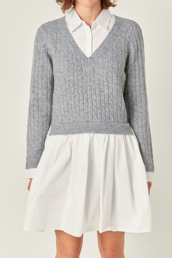 English Factory Mini Mixed Media Dress HEATHER GREY/WHITE