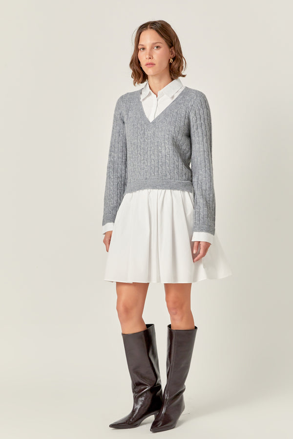 English Factory Mini Mixed Media Dress HEATHER GREY/WHITE