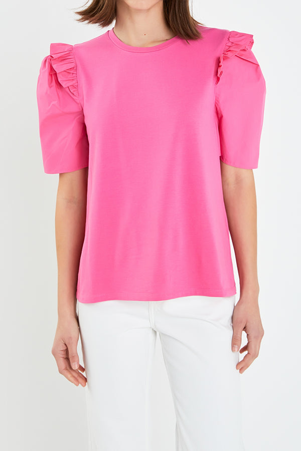 English Factory Mini Ruffle Puff Sleeve T-Shirt HOT PINK