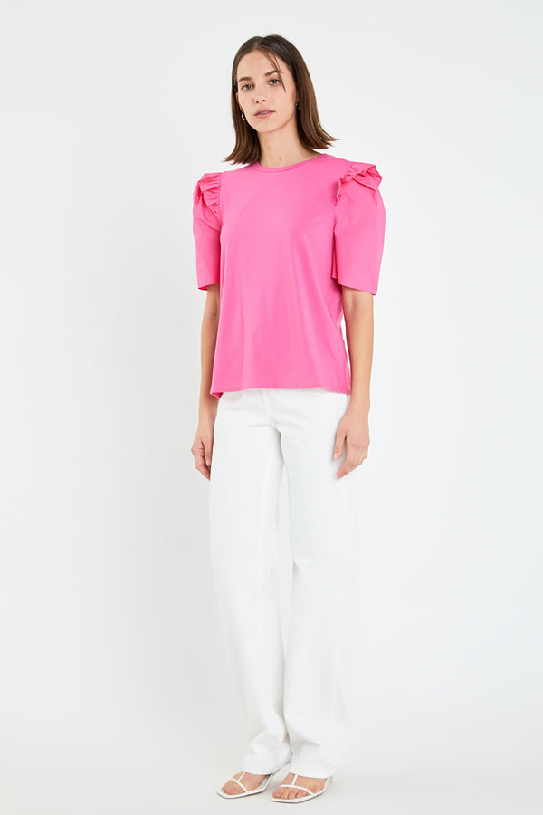 English Factory Mini Ruffle Puff Sleeve T-Shirt HOT PINK