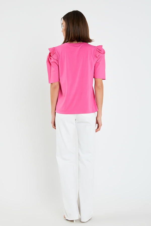 English Factory Mini Ruffle Puff Sleeve T-Shirt HOT PINK