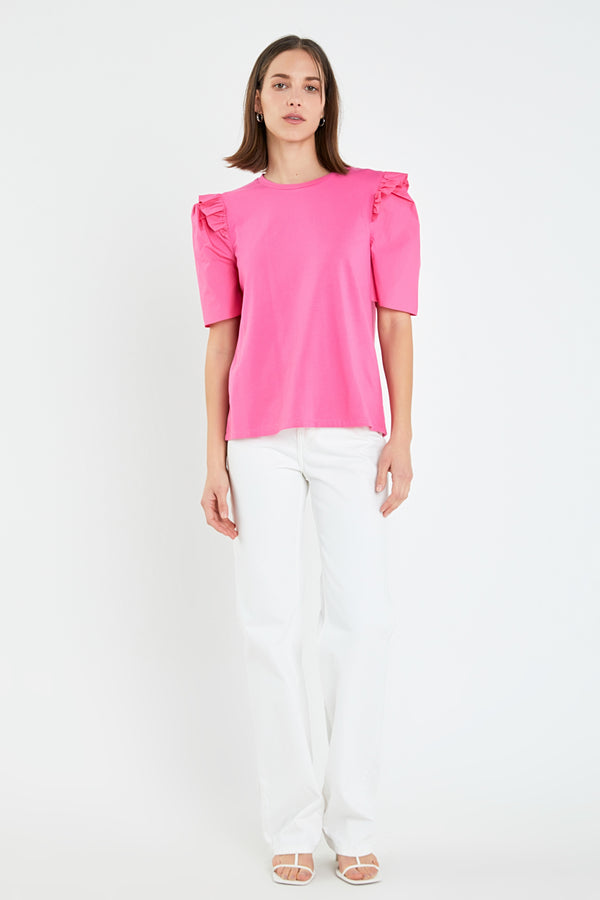 english factory Mini Ruffle Puff Sleeve T-Shirt HOT PINK