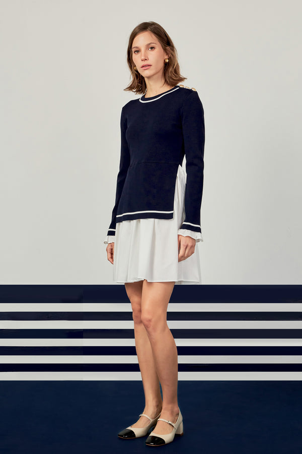 English Factory Mix Media Button Pointed Dress NAVY