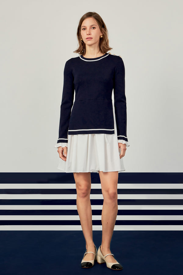 english factory Mix Media Button Pointed Dress NAVY