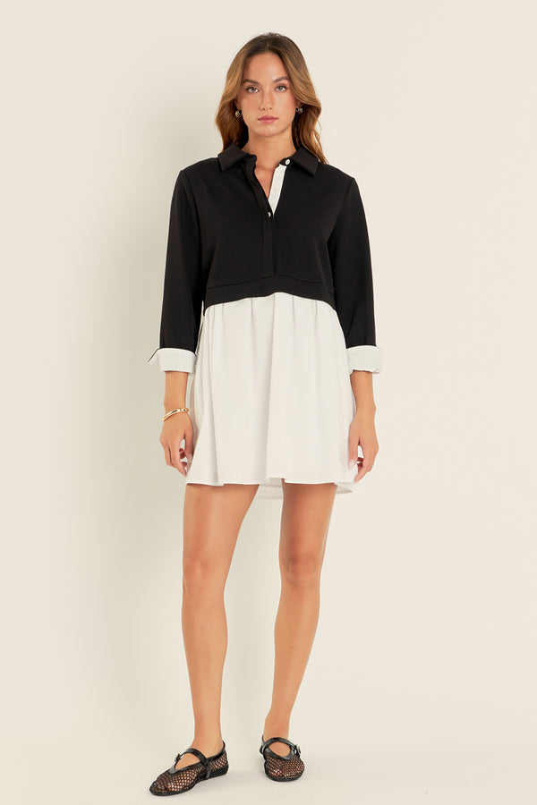 english factory Mix Media Collared Mini Dress BLACK/WHITE