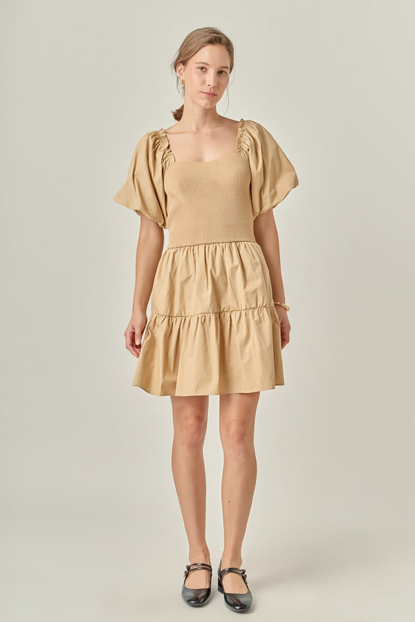 english factory Mix-Media Mini Dress with Corset Detail LATTE