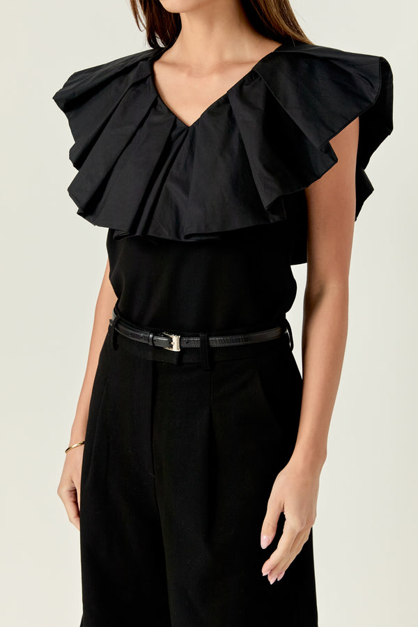 English Factory Mix Media Ruffled Sleeveless Top BLACK