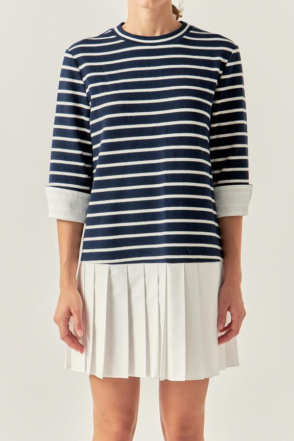 English Factory Mix Media Stripe Pleated Mini Dress NAVY/WHITE