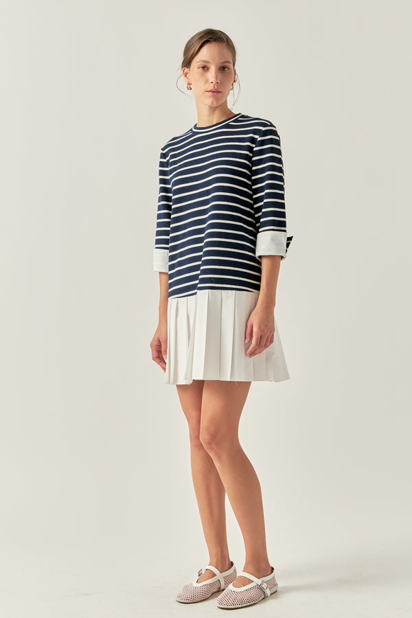 English Factory Mix Media Stripe Pleated Mini Dress NAVY/WHITE