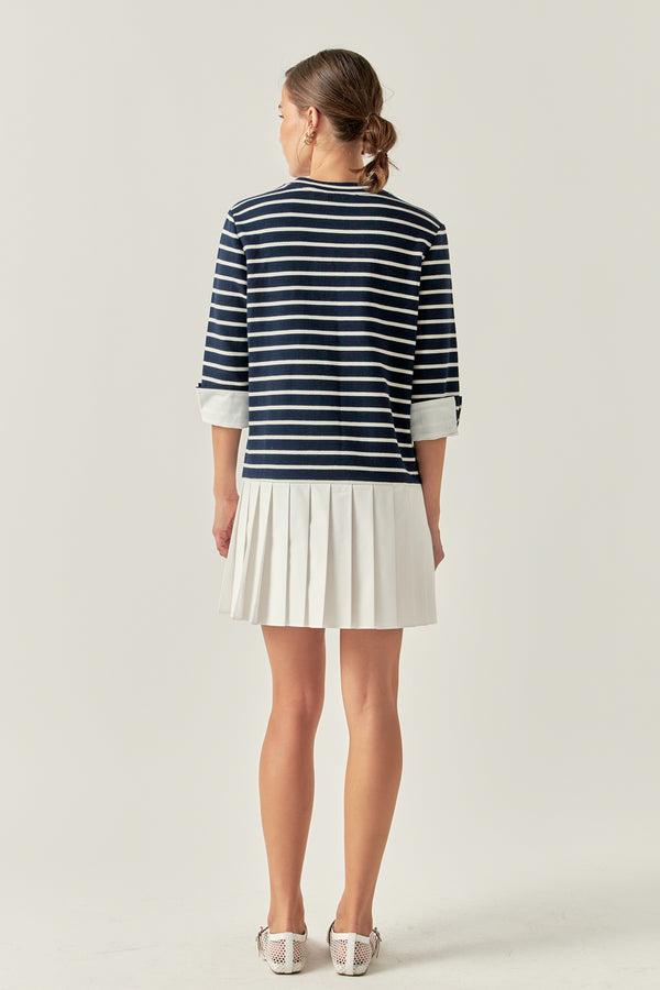 English Factory Mix Media Stripe Pleated Mini Dress NAVY/WHITE