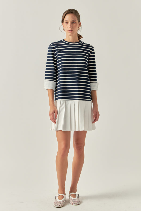 english factory Mix Media Stripe Pleated Mini Dress NAVY/WHITE