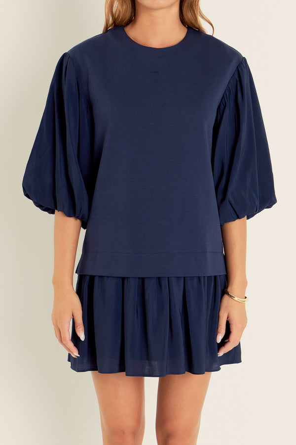 English Factory Mixed Media Blouson Mini Dress NAVY