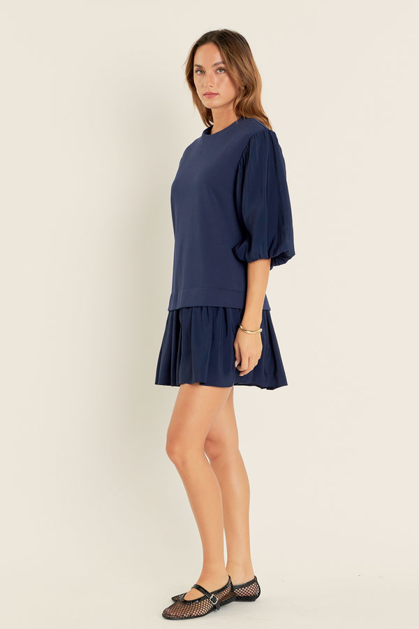 English Factory Mixed Media Blouson Mini Dress NAVY