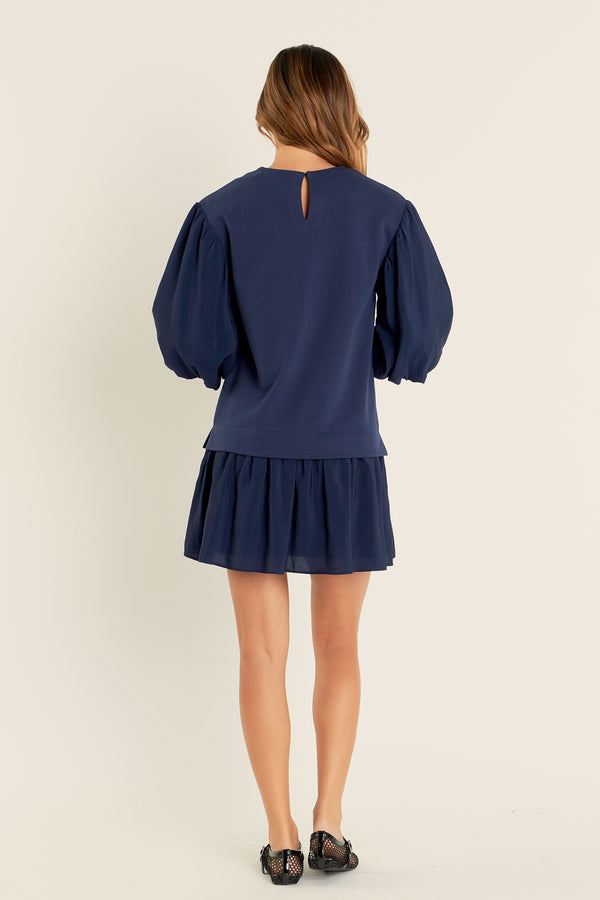 English Factory Mixed Media Blouson Mini Dress NAVY