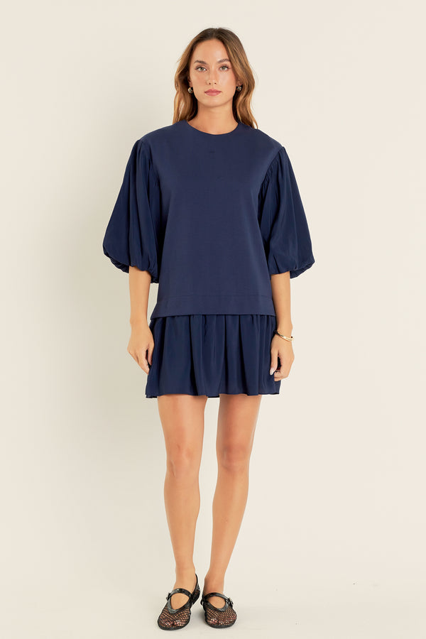 english factory Mixed Media Blouson Mini Dress NAVY