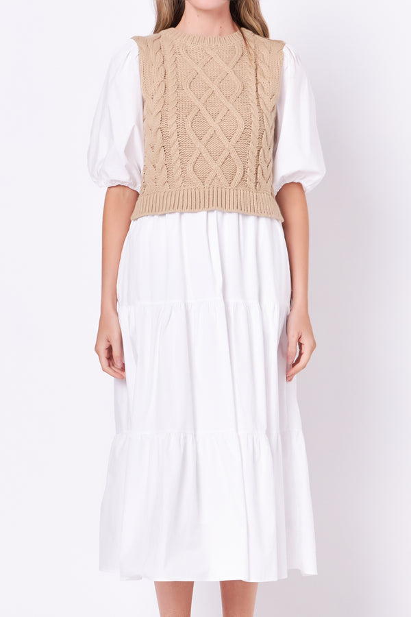 English Factory Mixed Media Cable Knit Down Midi Dress TAN/WHITE