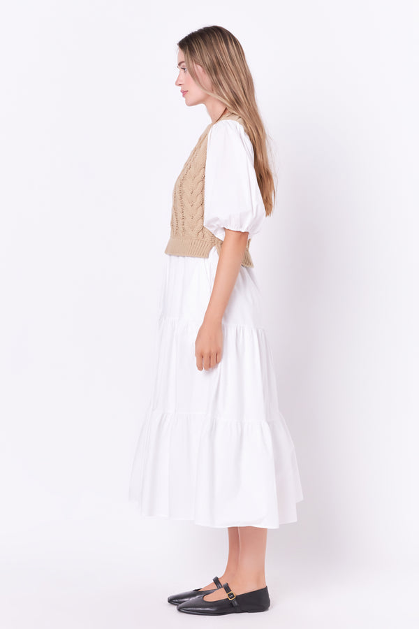 English Factory Mixed Media Cable Knit Down Midi Dress TAN/WHITE