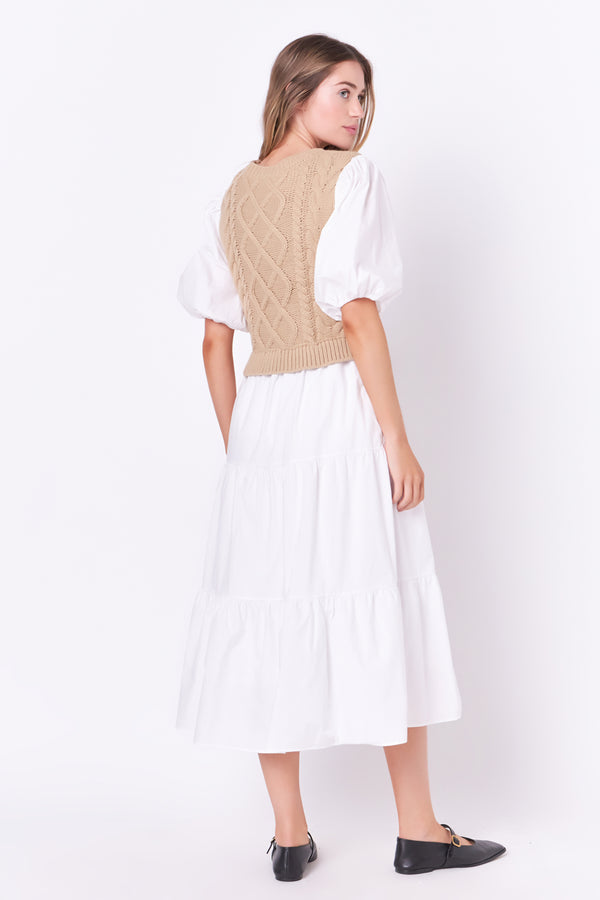 English Factory Mixed Media Cable Knit Down Midi Dress TAN/WHITE
