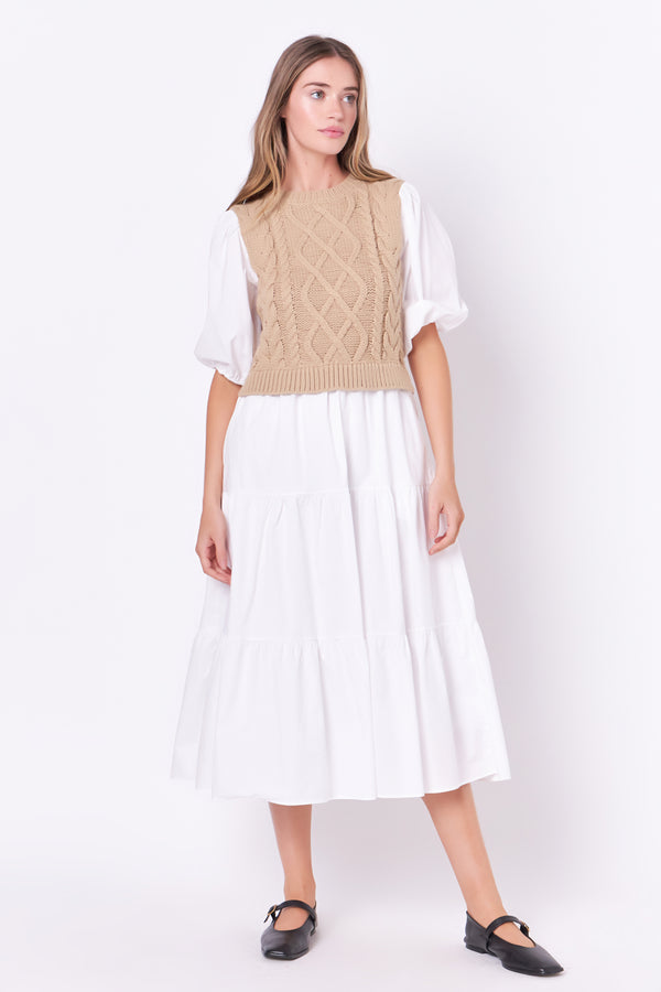 english factory Mixed Media Cable Knit Down Midi Dress TAN/WHITE