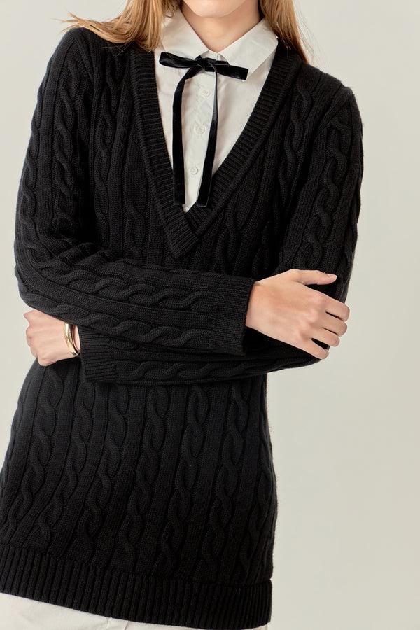 English Factory Mixed Media Cable Knit V-Neck Drop Sweater Dress BLACK
