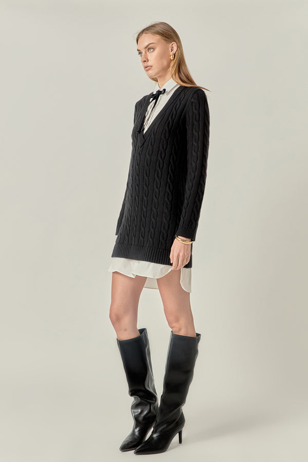 English Factory Mixed Media Cable Knit V-Neck Drop Sweater Dress BLACK