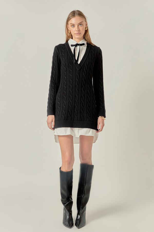 english factory Mixed Media Cable Knit V-Neck Drop Sweater Dress BLACK