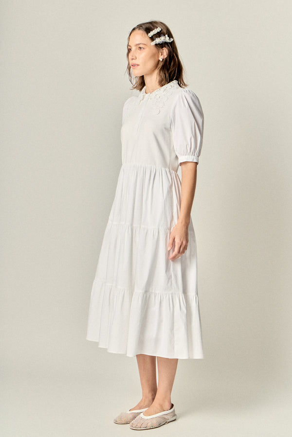English Factory Mixed Media Embroidered Collar Midi Dress WHITE