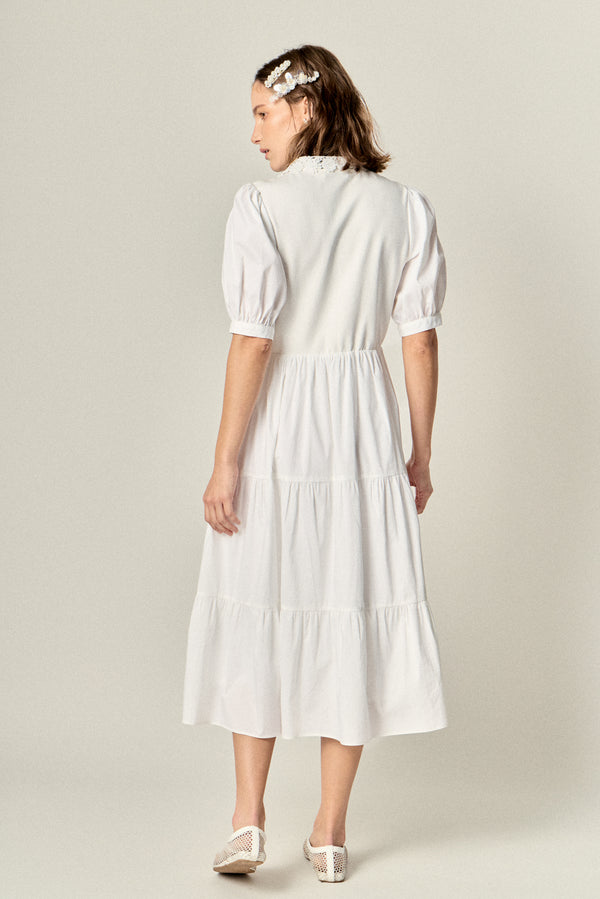 English Factory Mixed Media Embroidered Collar Midi Dress WHITE