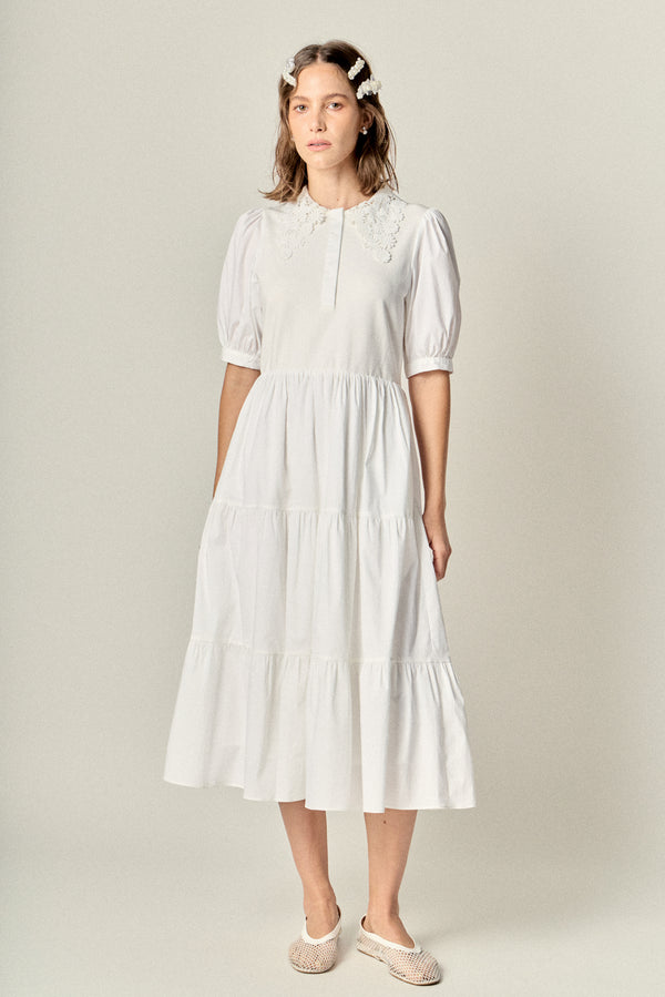 english factory Mixed Media Embroidered Collar Midi Dress WHITE