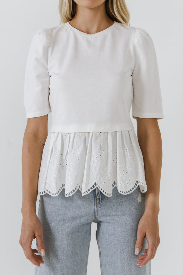 English Factory Mixed Media Eyelet Scallop Top WHITE