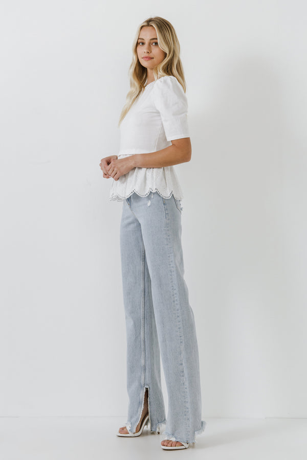 English Factory Mixed Media Eyelet Scallop Top WHITE