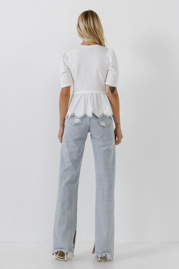 English Factory Mixed Media Eyelet Scallop Top WHITE
