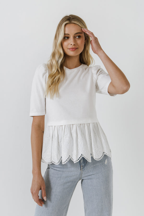 english factory Mixed Media Eyelet Scallop Top WHITE