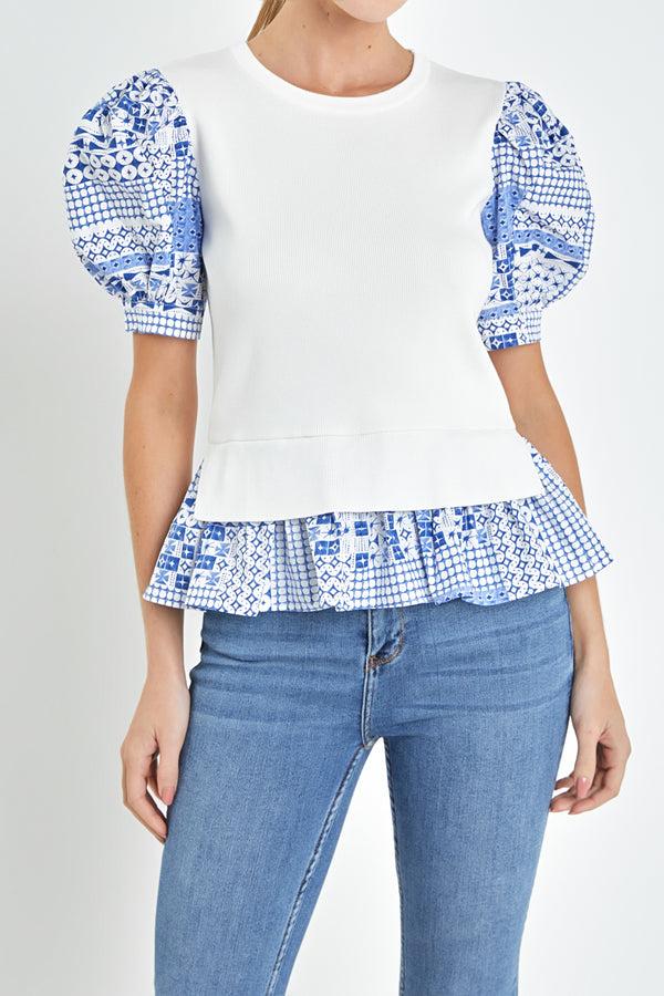 English Factory Mixed Media Floral Sleeve Knit Top WHITE/BLUE