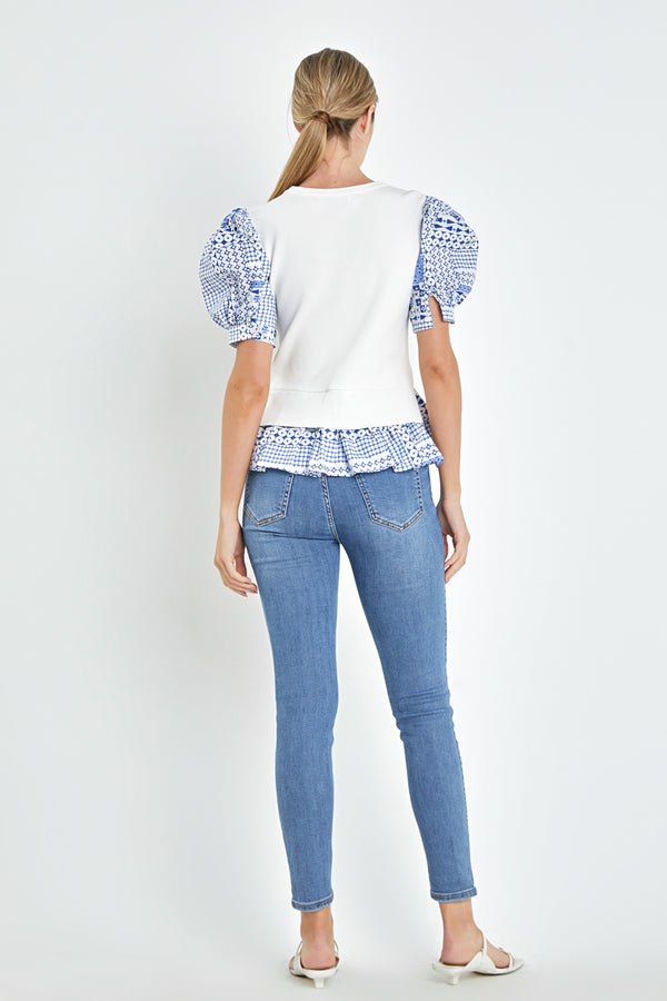 English Factory Mixed Media Floral Sleeve Knit Top WHITE/BLUE