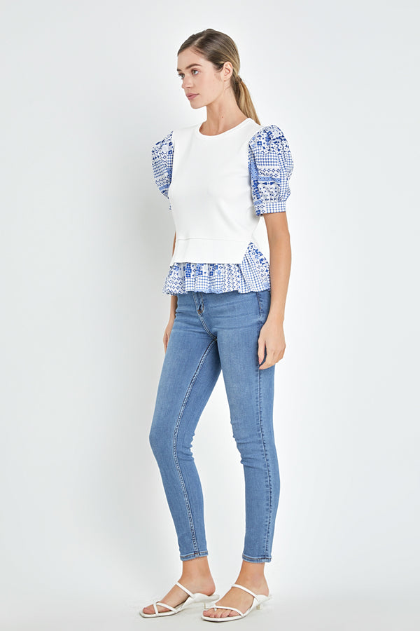 English Factory Mixed Media Floral Sleeve Knit Top WHITE/BLUE