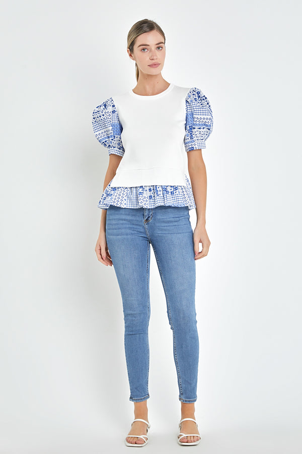 english factory Mixed Media Floral Sleeve Knit Top WHITE/BLUE
