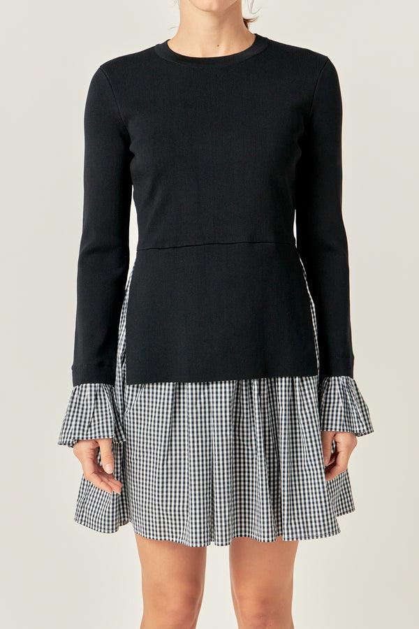 English Factory Mixed Media Gingham Check Mini Dress BLACK