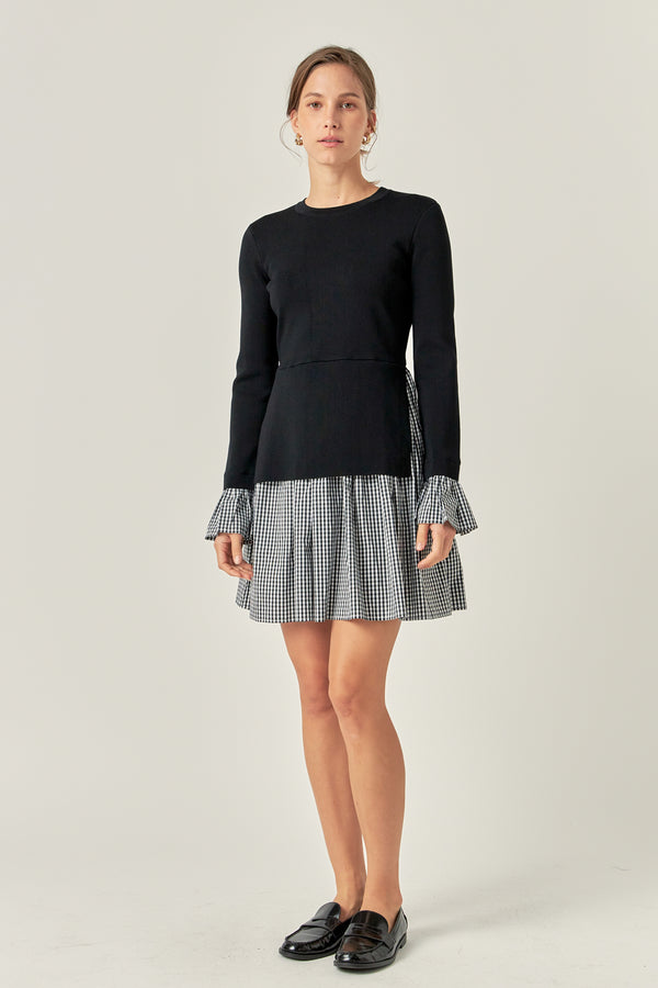 English Factory Mixed Media Gingham Check Mini Dress BLACK