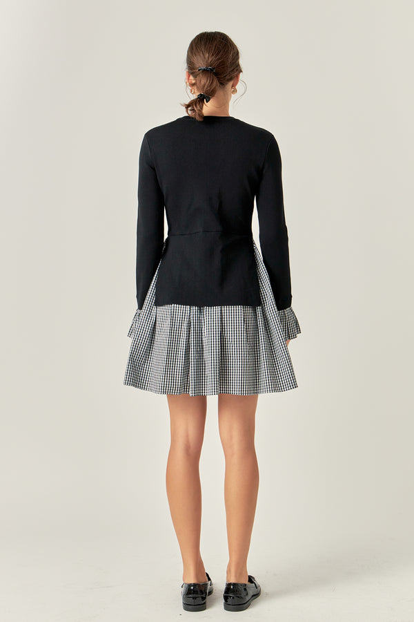 English Factory Mixed Media Gingham Check Mini Dress BLACK