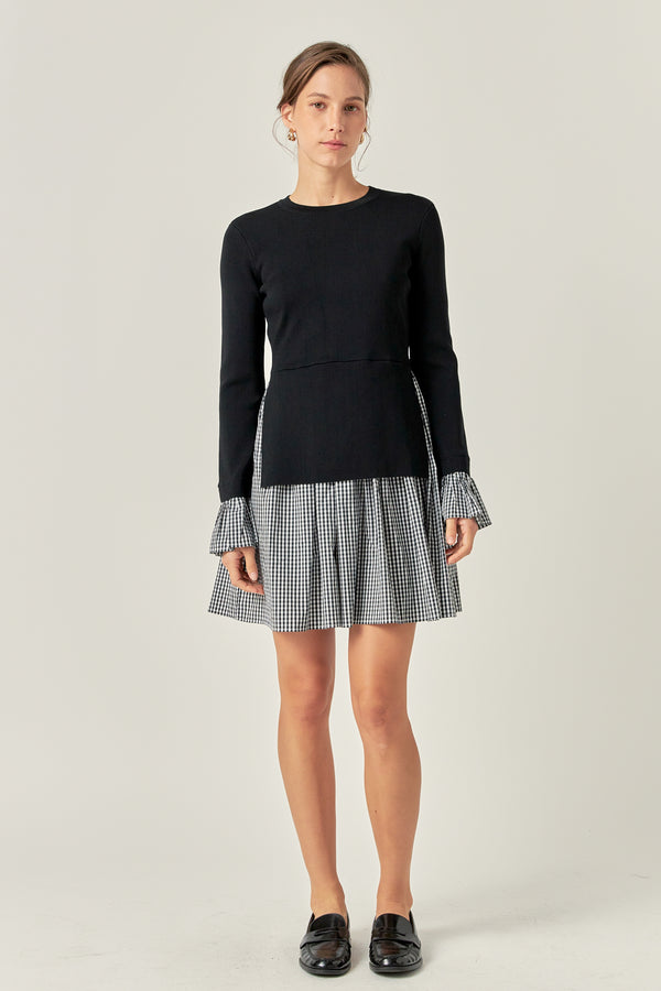 english factory Mixed Media Gingham Check Mini Dress BLACK