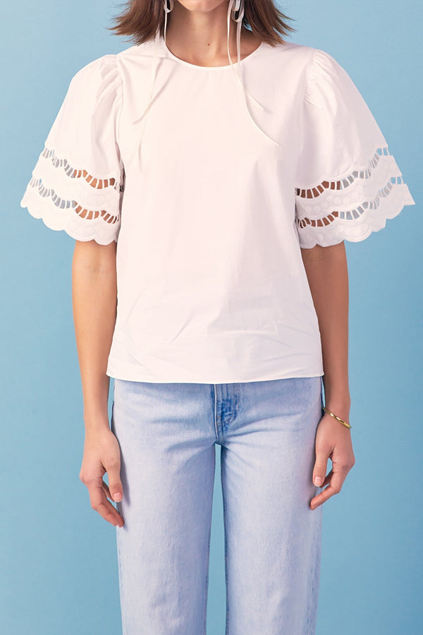 English Factory Mixed Media Lace Trim Knit Top WHITE
