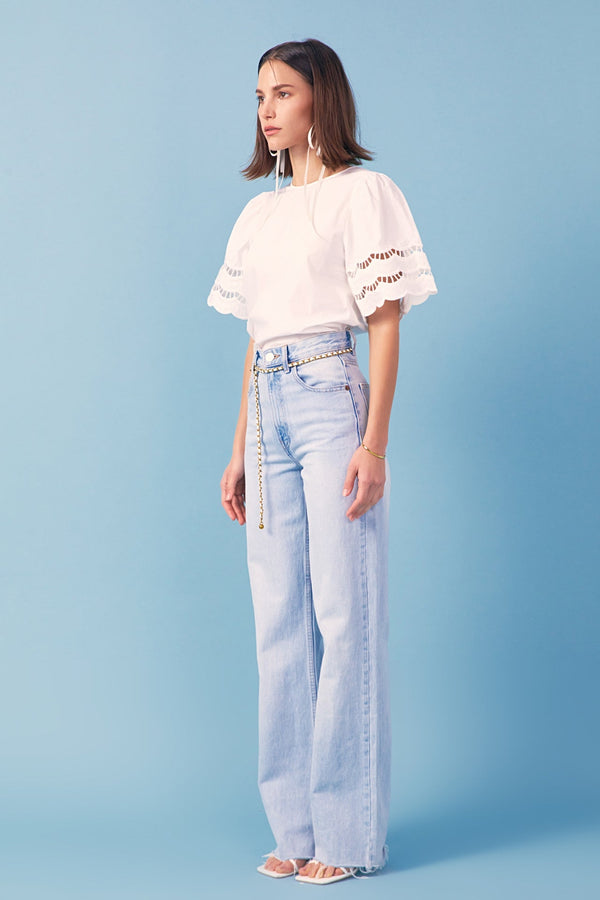 English Factory Mixed Media Lace Trim Knit Top WHITE